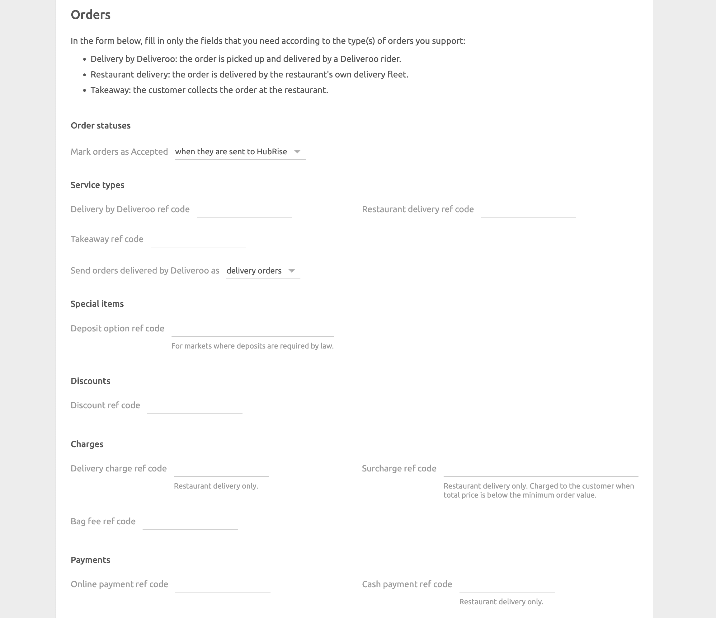 Deliveroo Bridge configuration page, Orders section