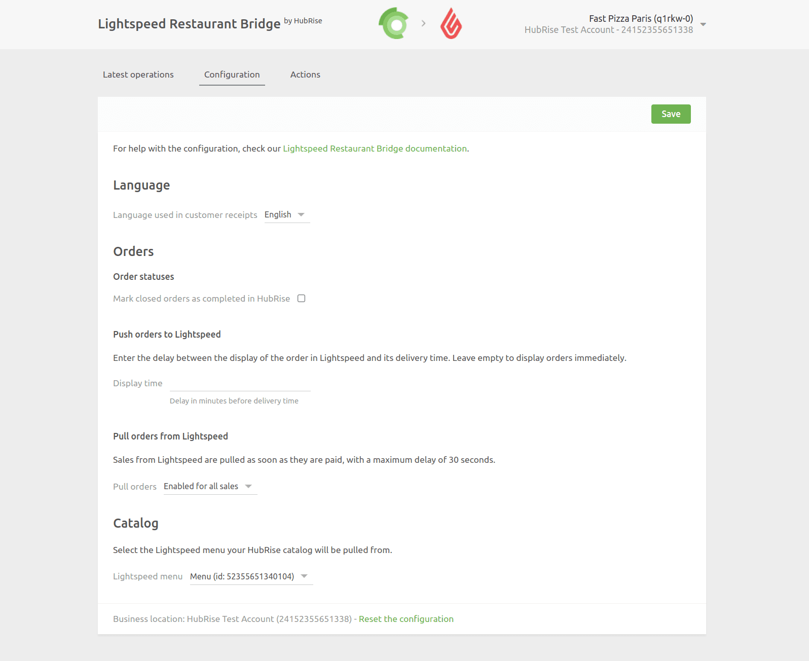 Lightspeed Restaurant Bridge configuration page