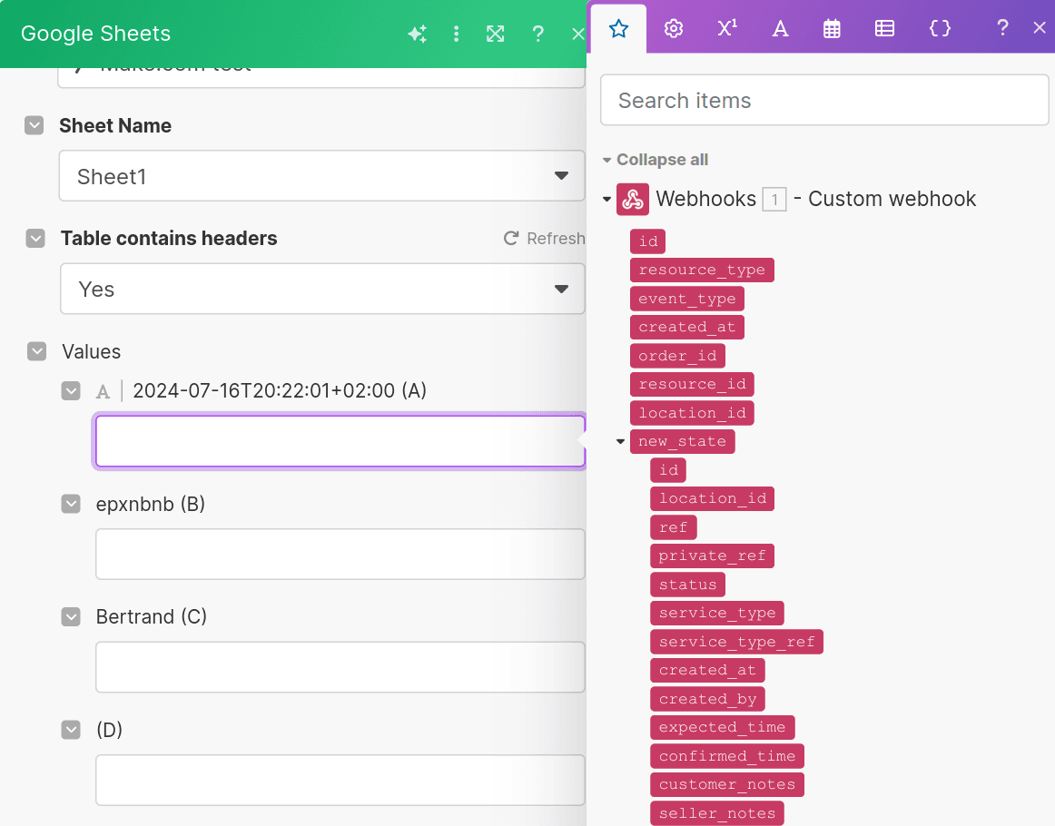 Map HubRise fields with Google Sheets columns