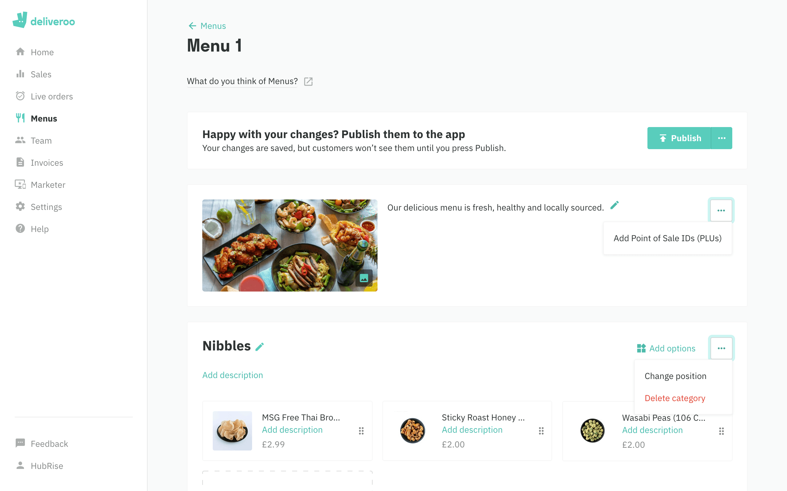 Deliveroo Edit menu page
