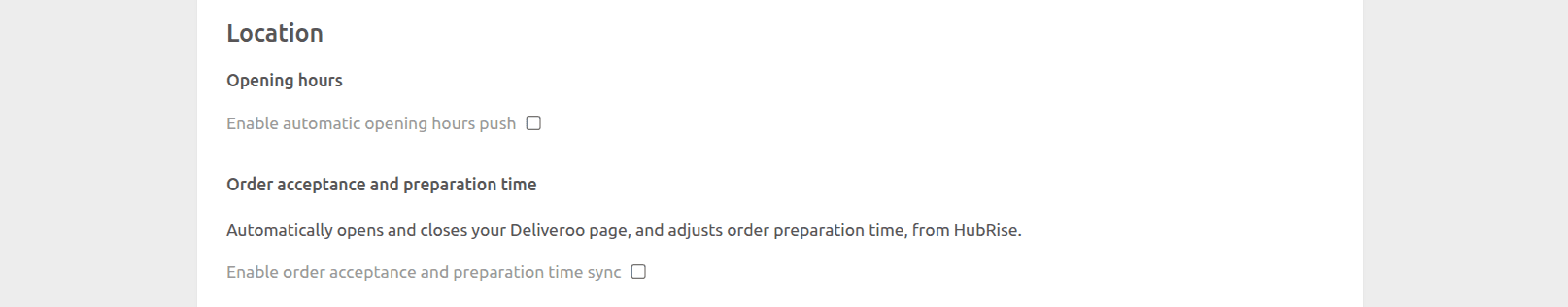 Deliveroo Bridge configuration page, Location section