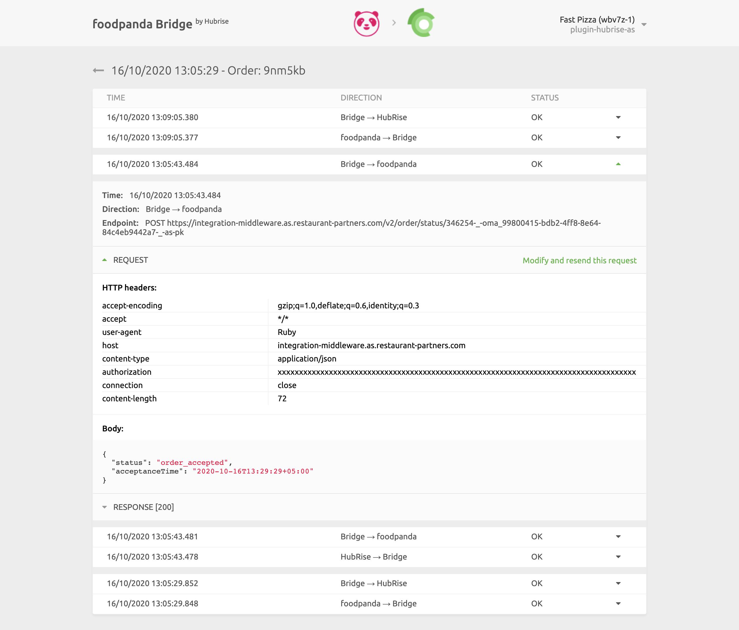 Order logs page on foodpanda Bridge