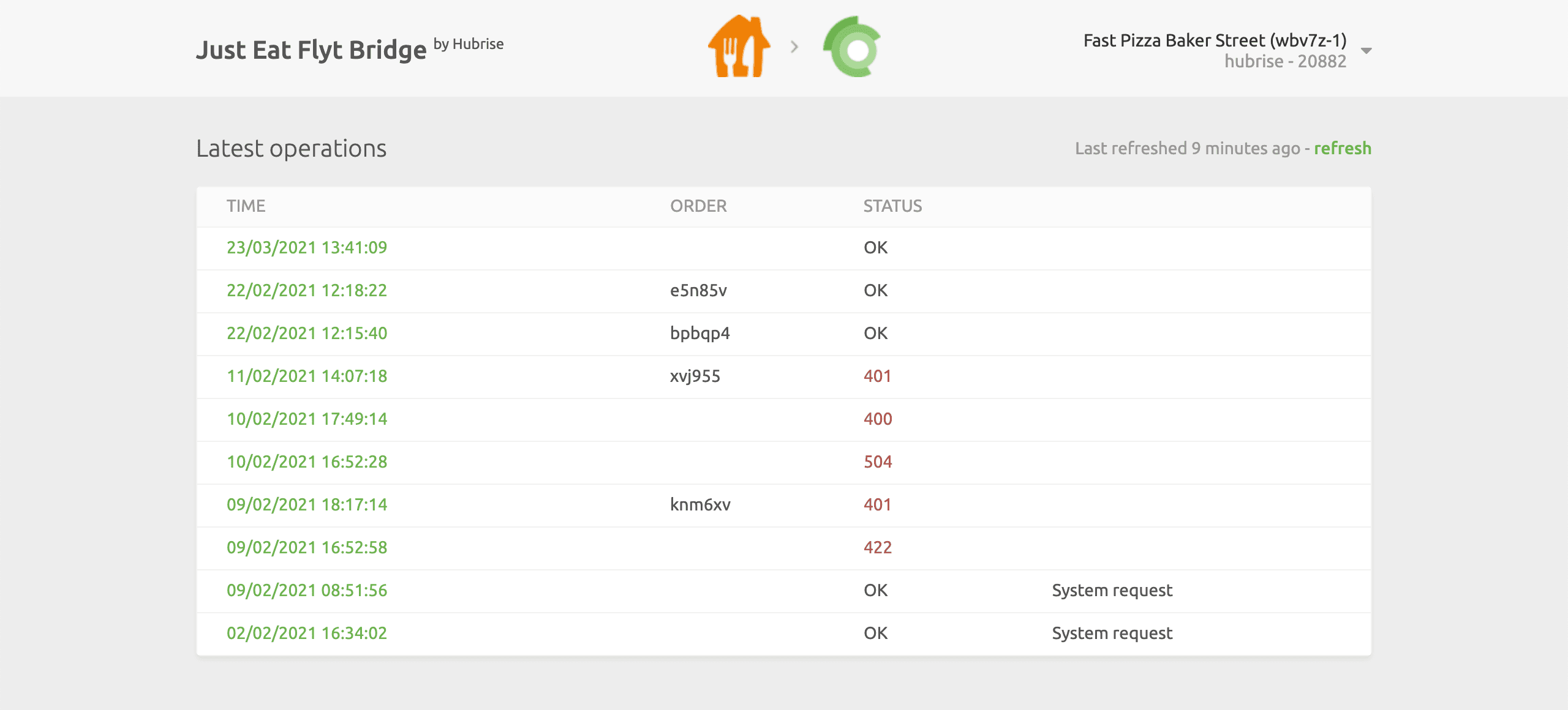 Operations page of Just Eat Flyt Bridge developed by HubRise