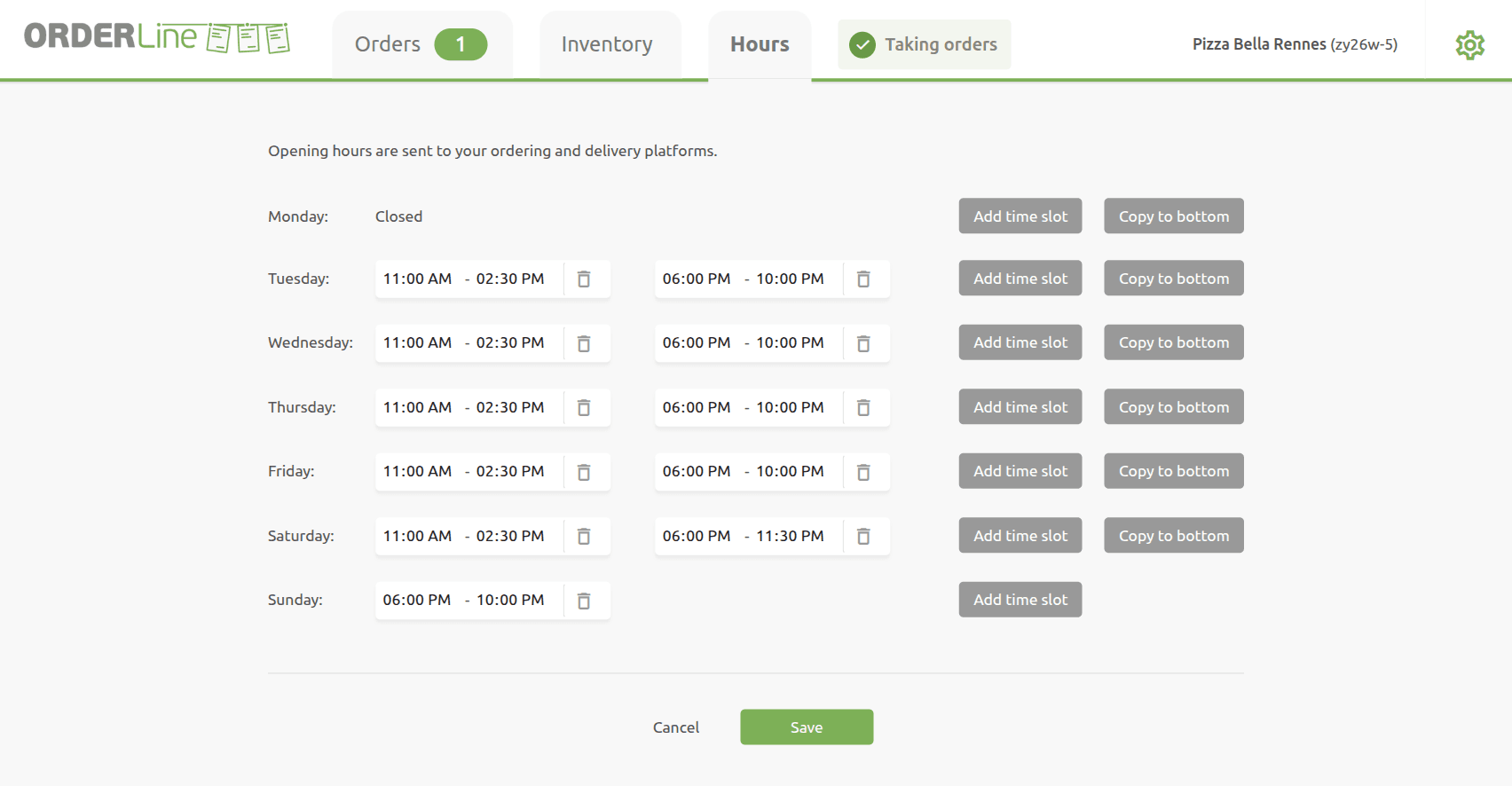 OrderLine Opening Hours Tab