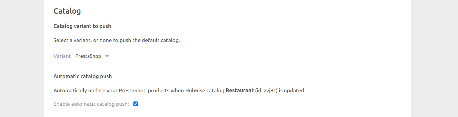 PrestaShop Bridge configuration page, catalog