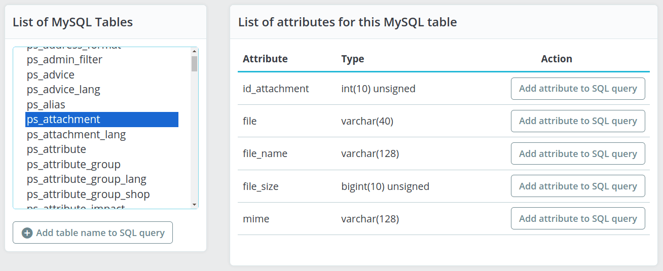 PrestaShop database exploration tool, view schema