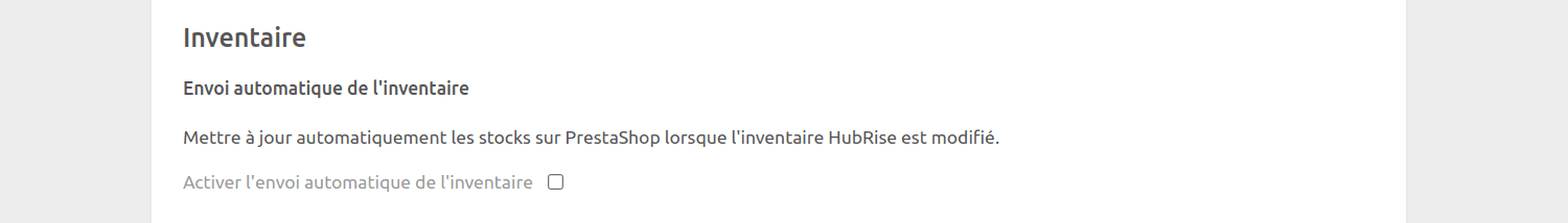Page de configuration PrestaShop Bridge, Inventaire