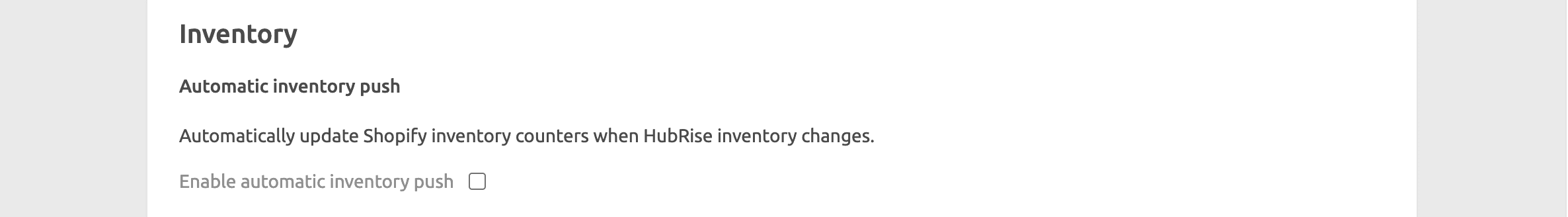 Shopify Bridge configuration page, inventory