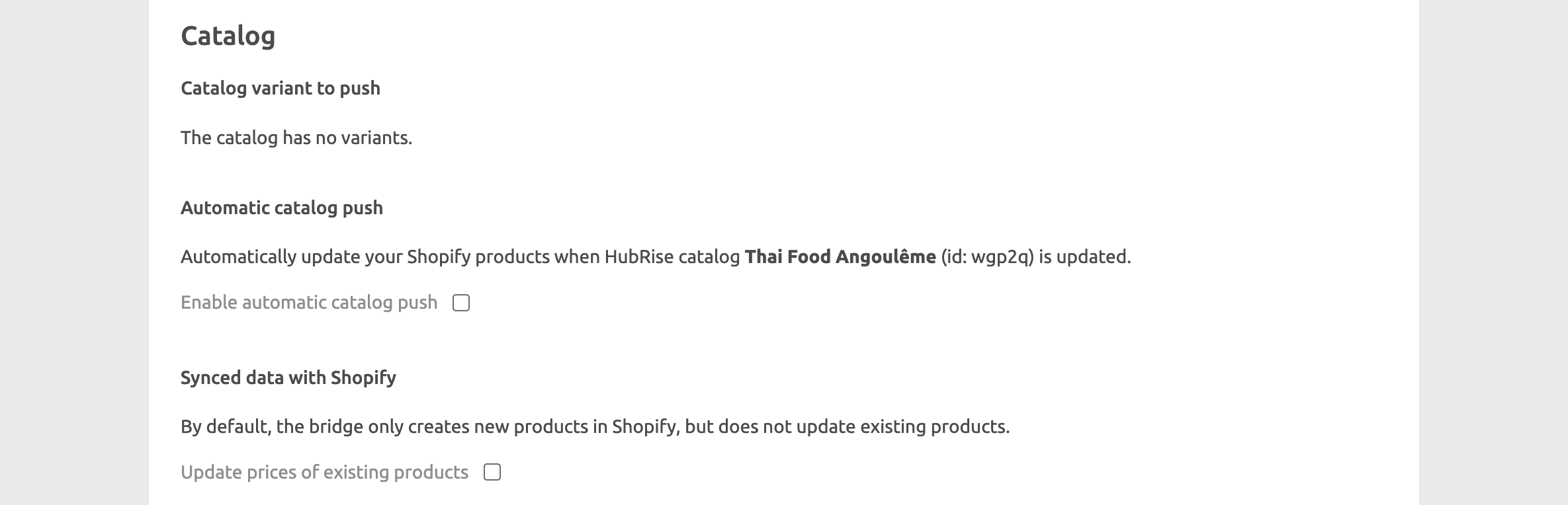 Shopify Bridge configuration page, Catalog section