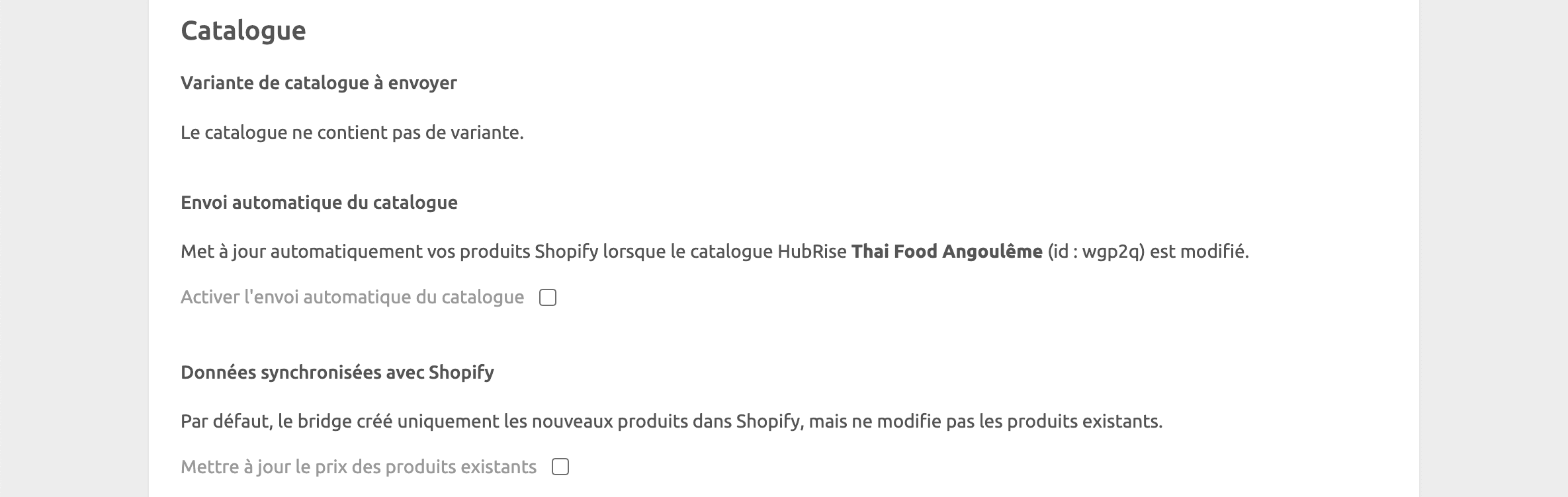 Page de configuration Shopify Bridge, Catalogue