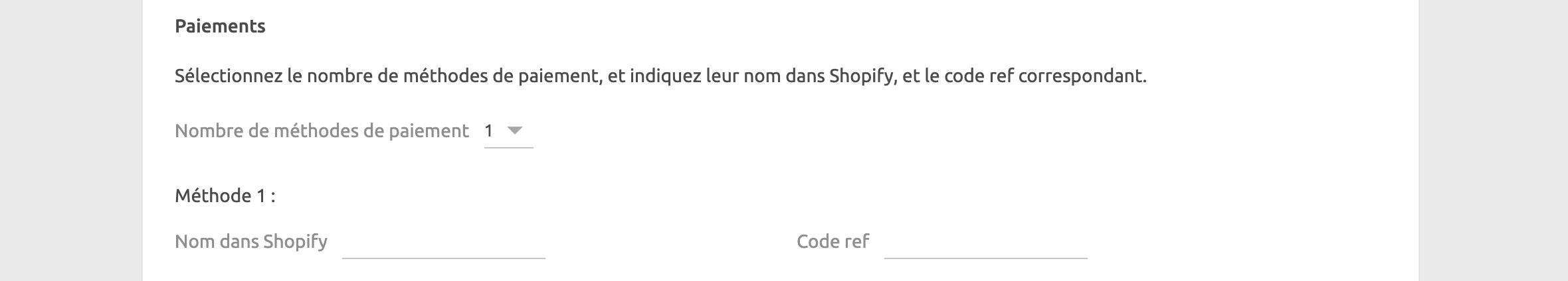 Page de configuration Shopify Bridge, Paiements