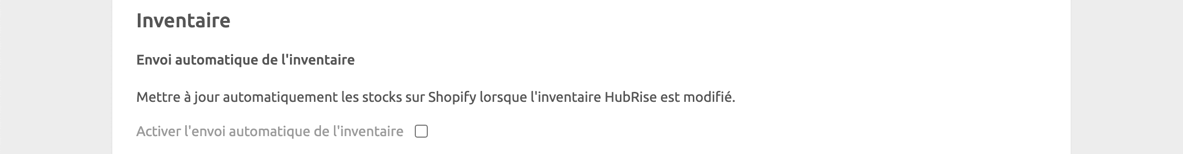 Page de configuration Shopify Bridge, Inventaire