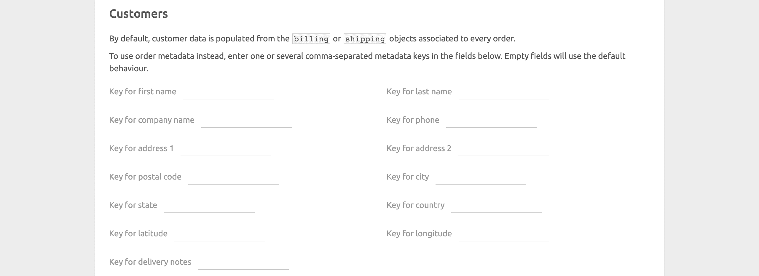 WooCommerce Bridge configuration page, customers