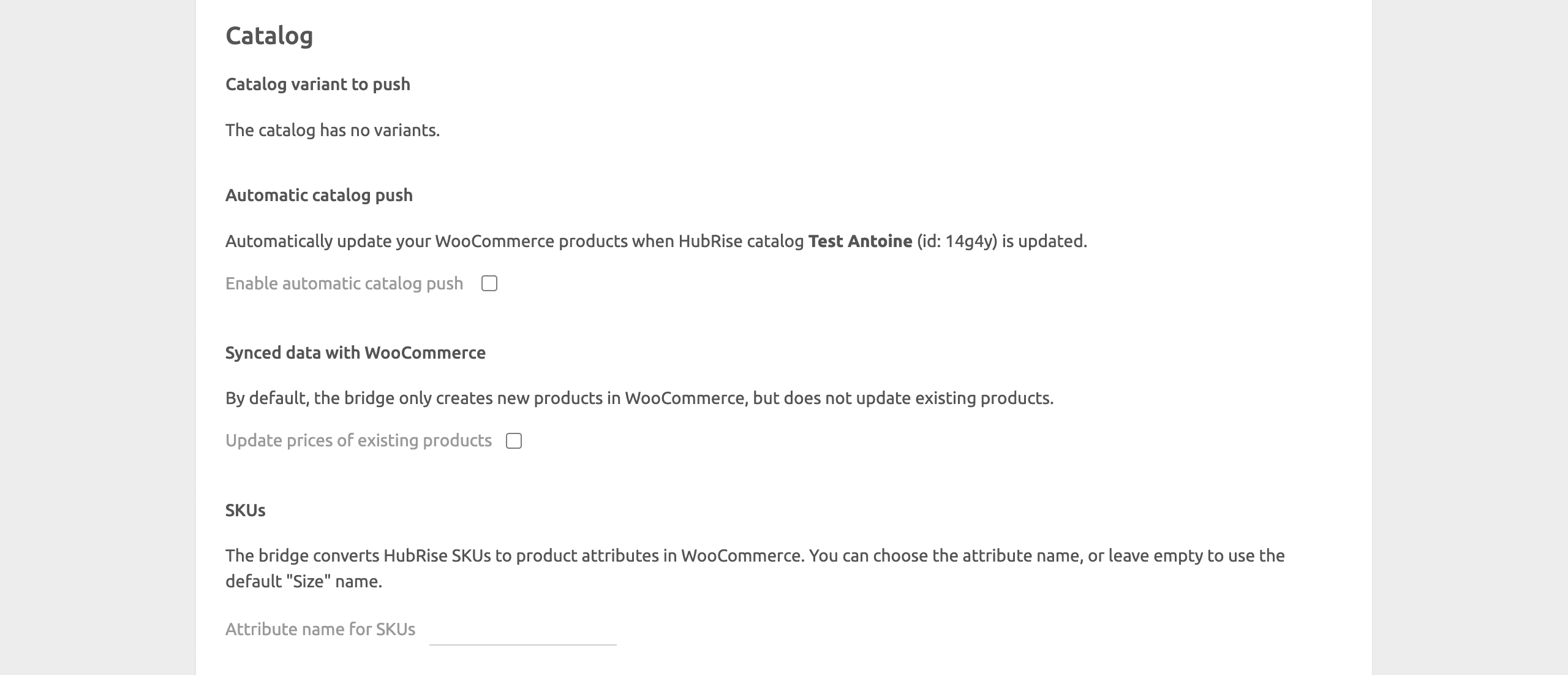 WooCommerce Bridge configuration page, catalog