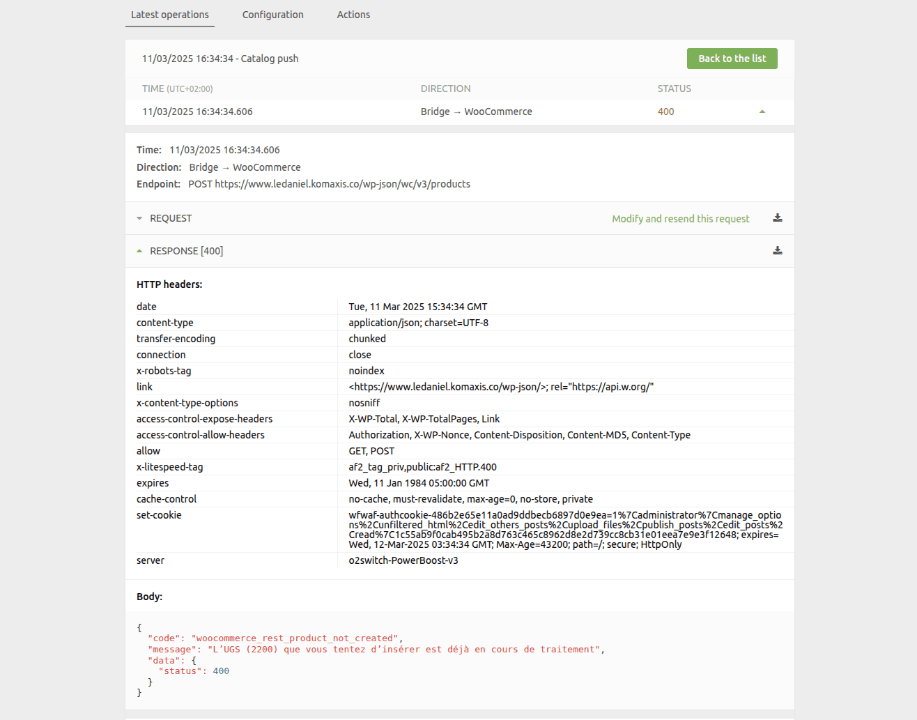 Catalog push error response showing woocommerce_rest_product_not_created