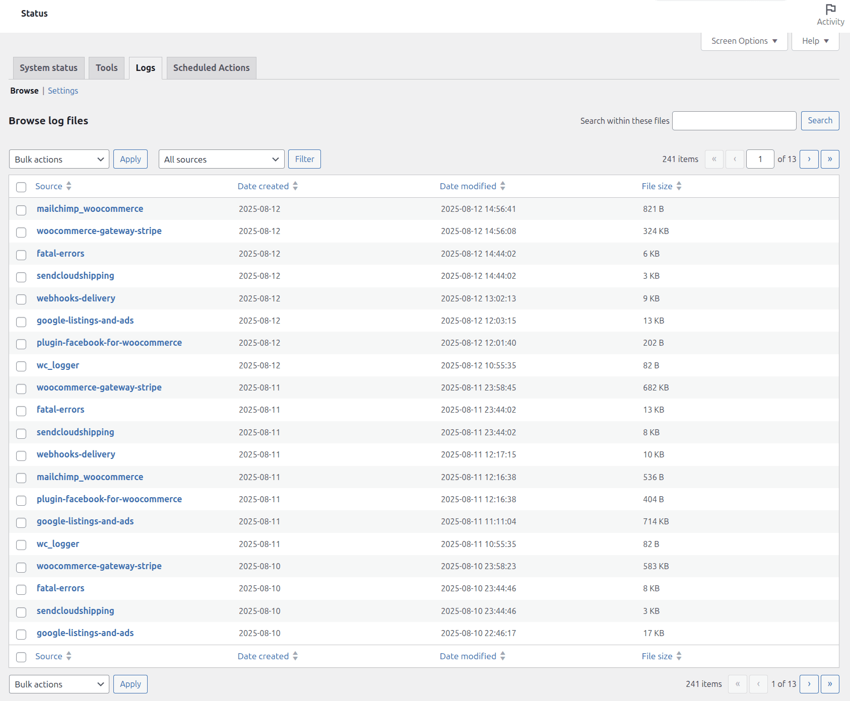 WooCommerce logs browse interface