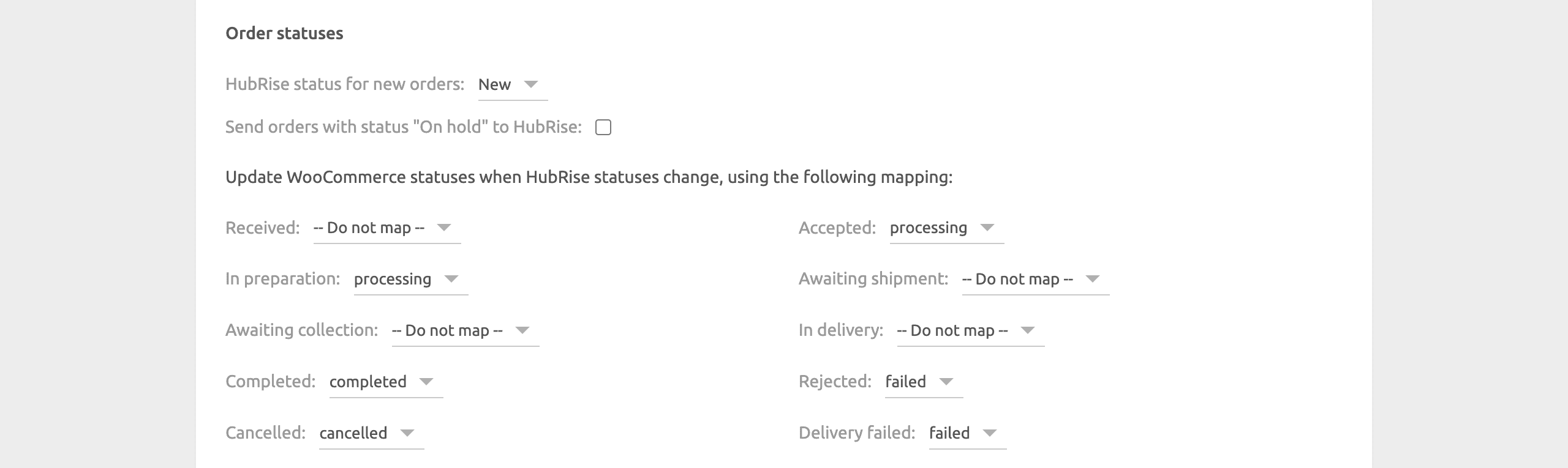 WooCommerce Bridge configuration page, order statuses