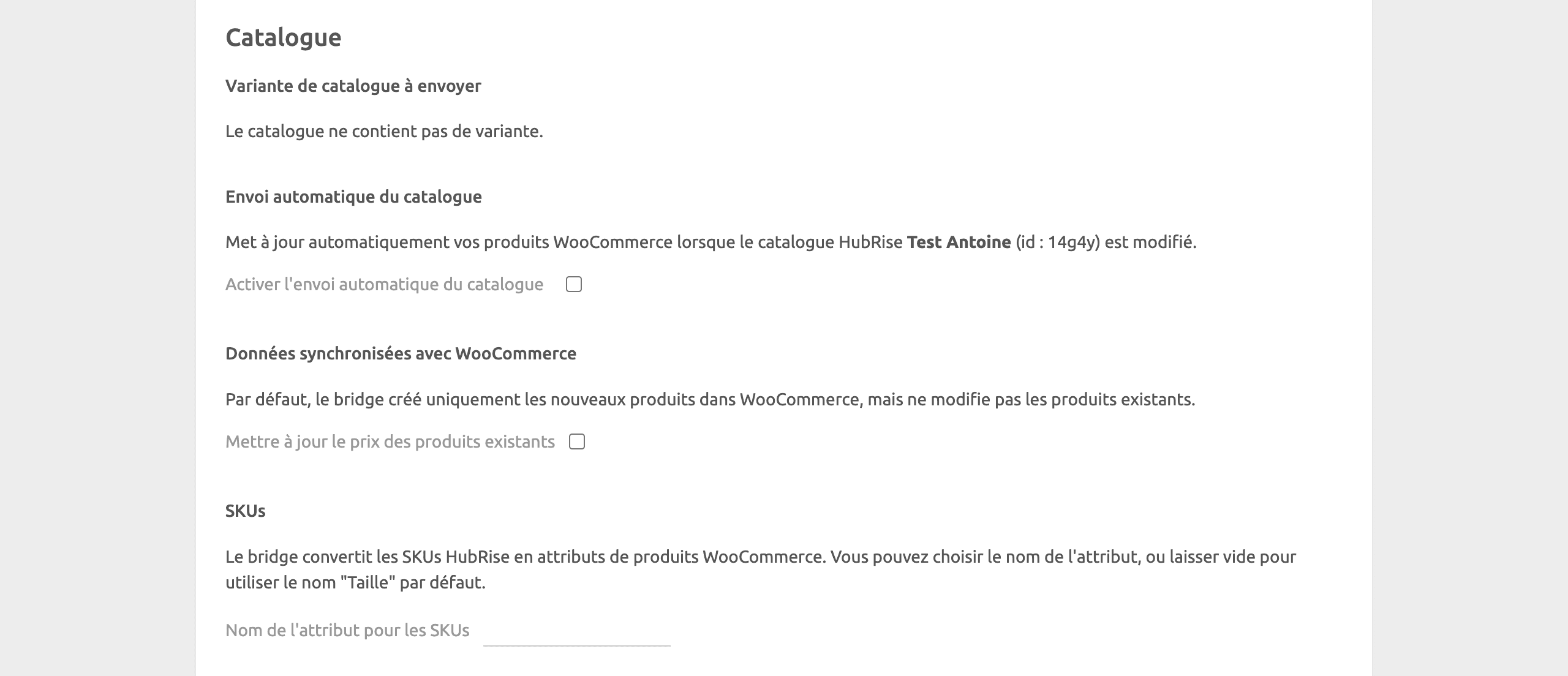 Page de configuration de WooCommerce Bridge, catalogue