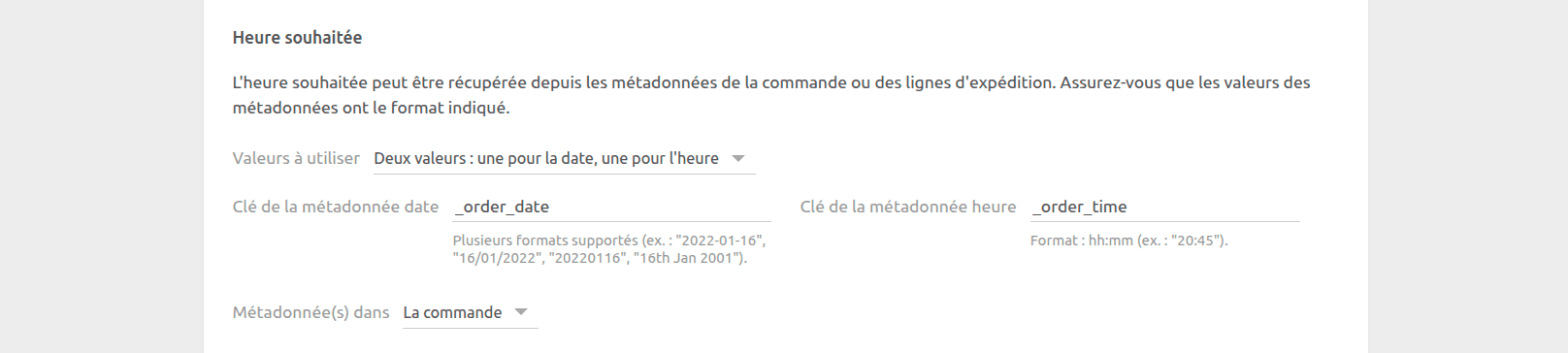 Page de configuration de WooCommerce Bridge, heure souhaitée