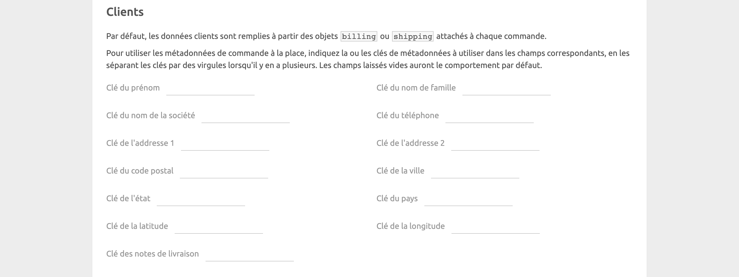 Page de configuration de WooCommerce Bridge, clients